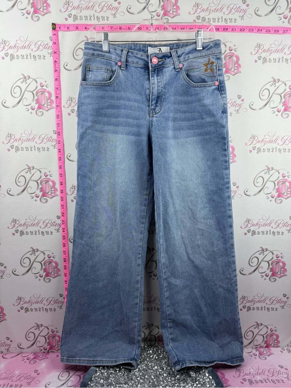 FLYING angel jeans stars pink Wide Leg Light Blue Jeans with Pink Accent Buttons